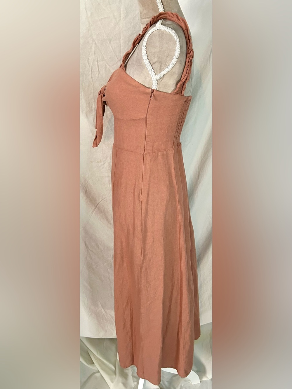 Zara Terracotta Ruffle Bow Linen/Cotton Blend Midi Dress, Size S - Picture 8 of 16